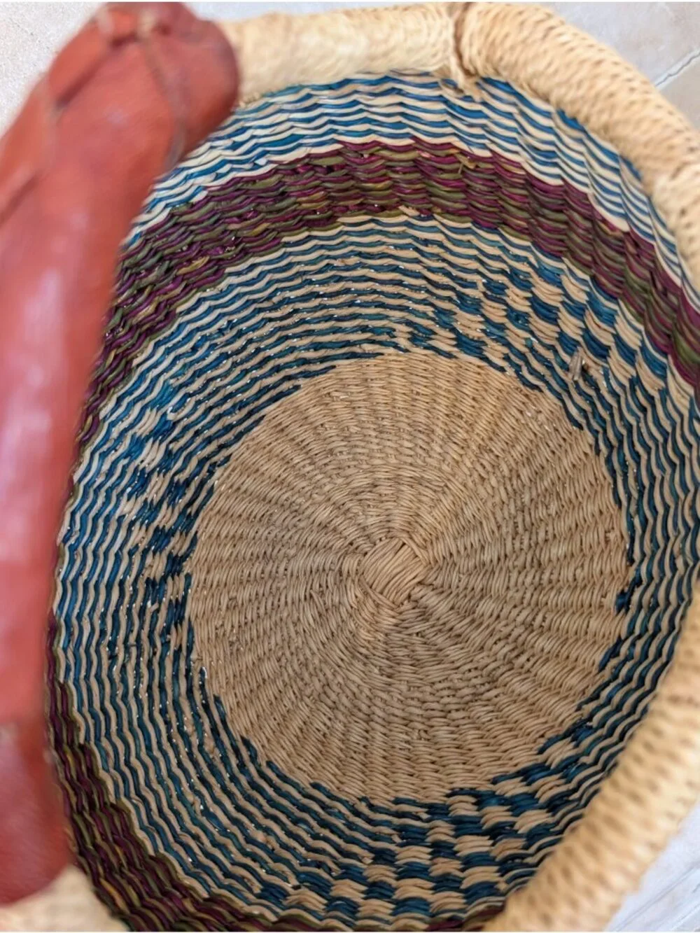 Unique Handwoven African Bolga Basket Leather Handle Multicolor